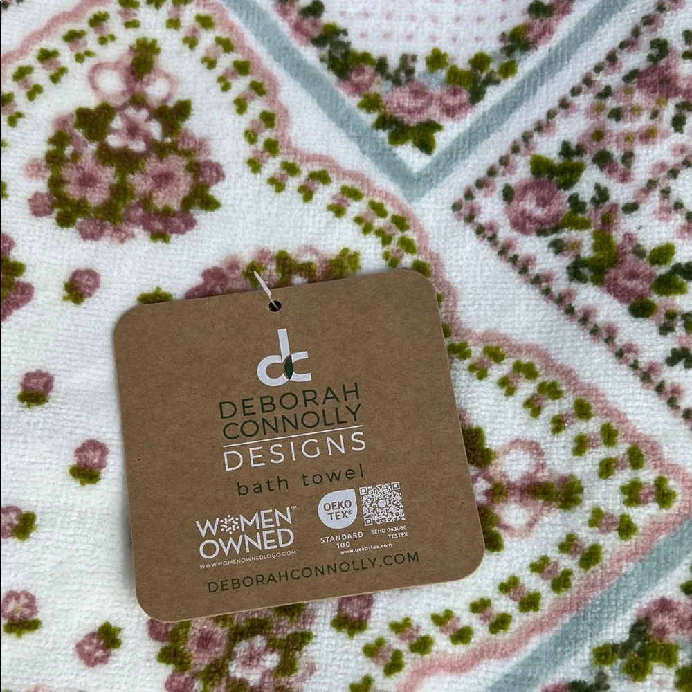 Deborah Connolly Bath Towel Set Floral Print Cream Pink Blue Velour Set of 2 NEW